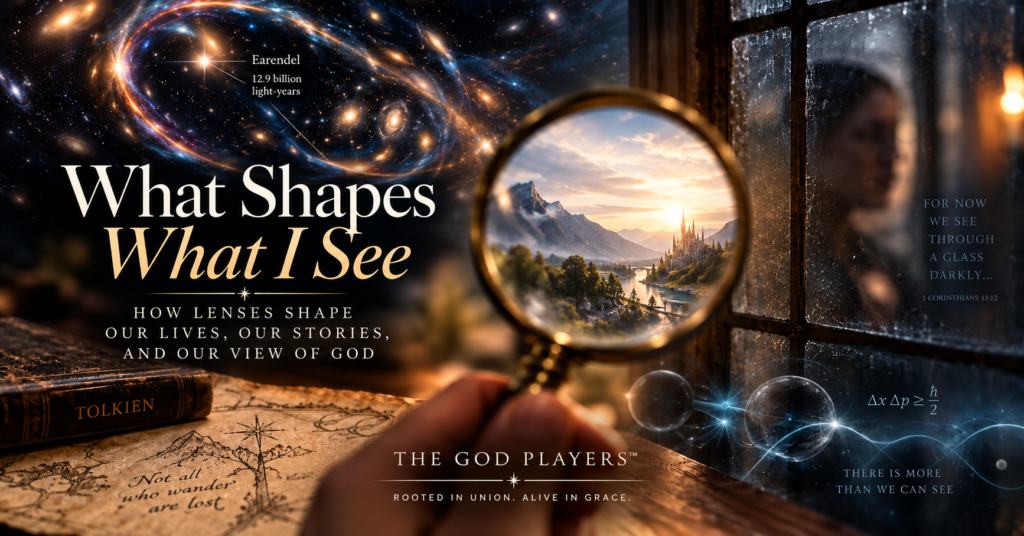 Magnifying glass bringing a landscape into focus among images of space, maps, stories, and light